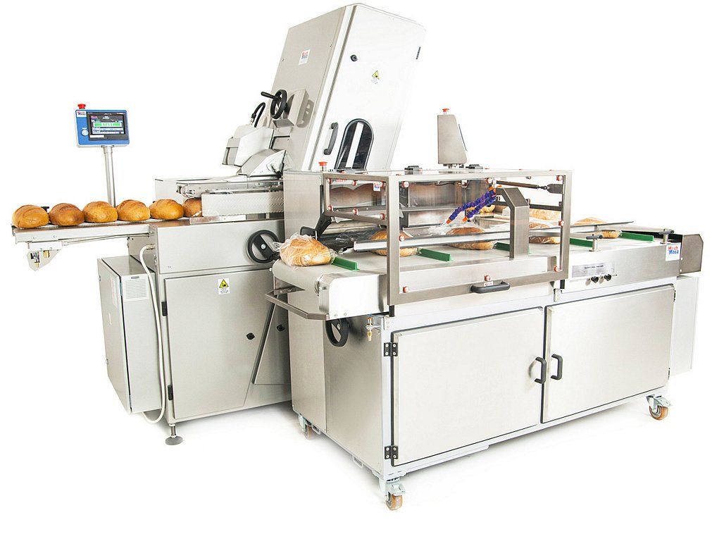 Bread slicing and packaging line side